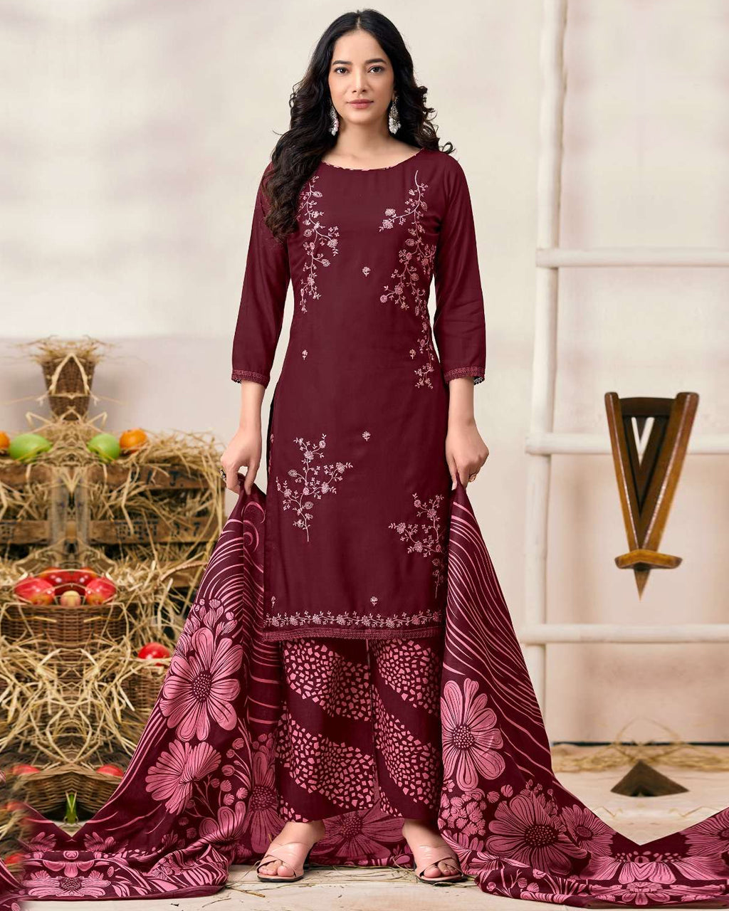 Maroon Oak Rayon Fabric With Sequence Embroidery Work And Daman Lace Perfect Blend