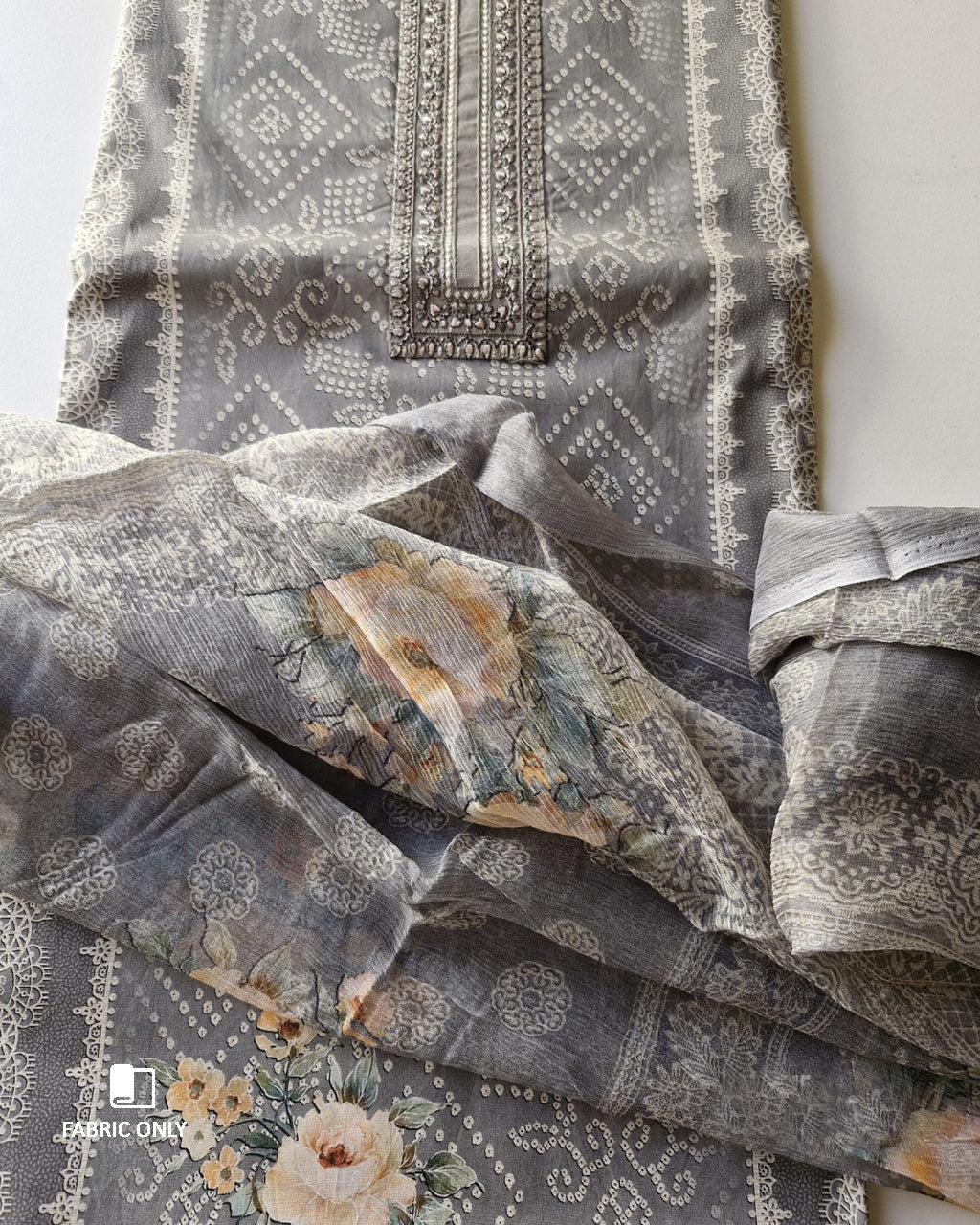 Dapple Grey Lawn Cotton Fancy Work Unstitched Dress Material