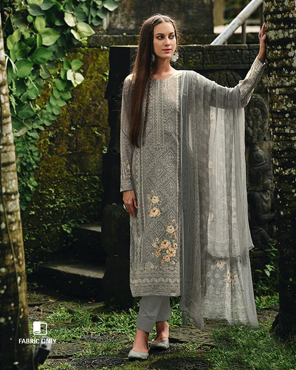 Dapple Grey Lawn Cotton Fancy Work Unstitched Dress Material