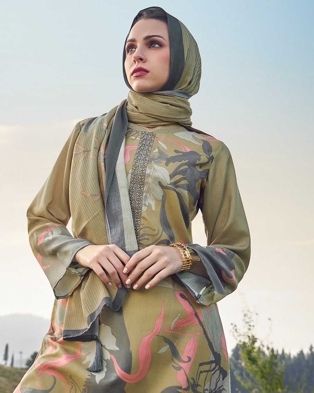 Charming Bullet Shell Green Viscose Pashmina Digital Print And Fancy Work Unstitched Salwar Material
