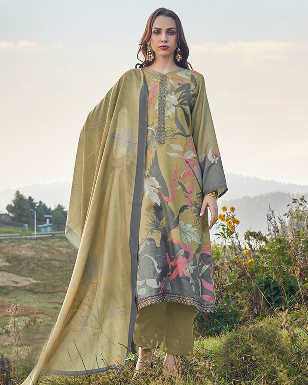 Charming Bullet Shell Green Viscose Pashmina Digital Print And Fancy Work Vintage Charm
