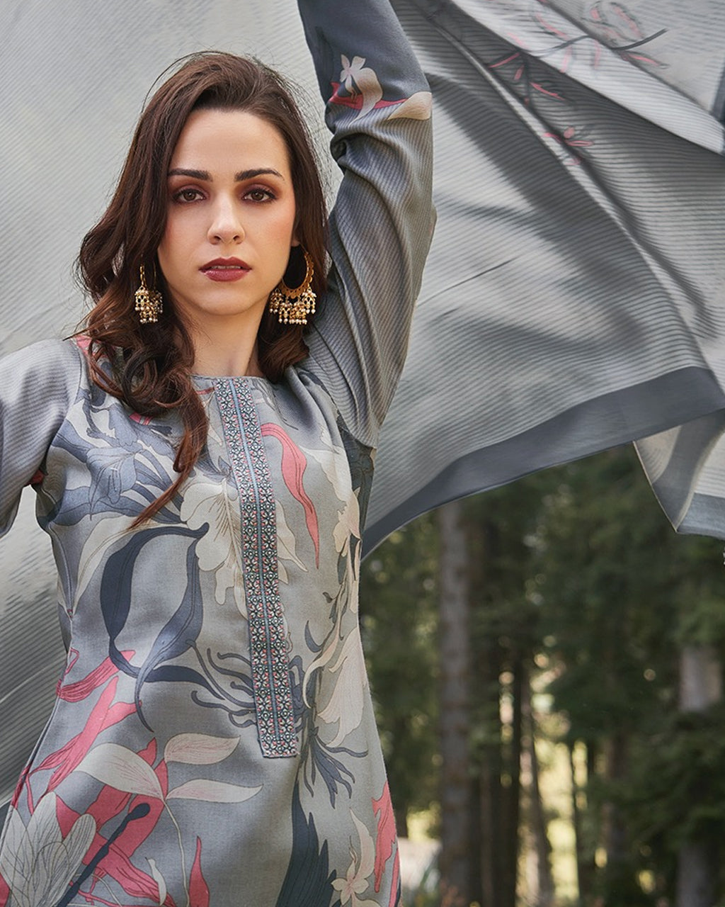 Grey Chateau De Chillon Timeless Viscose Pashmina Digital Print Unstitched Dress Material