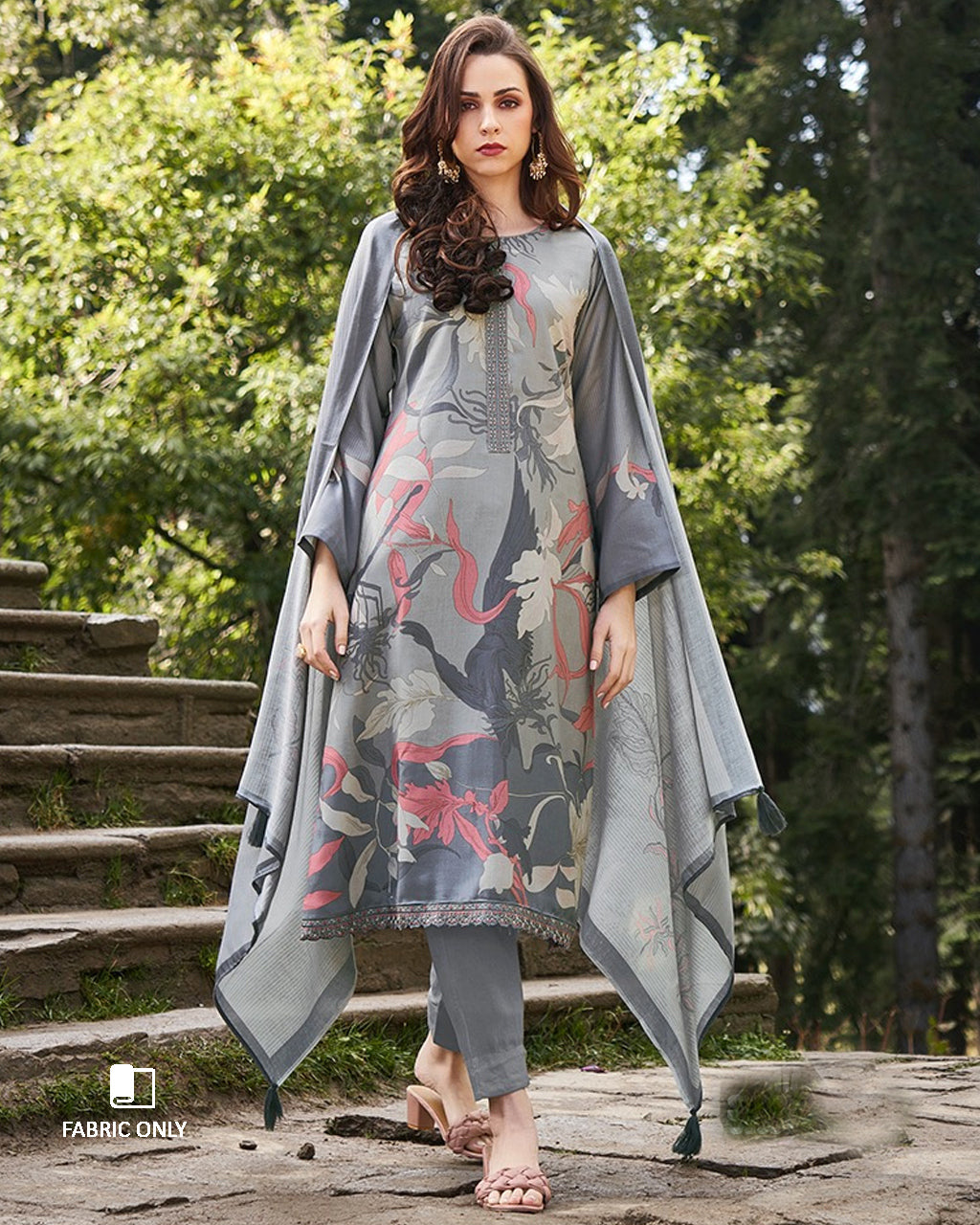 Grey Chateau De Chillon Timeless Viscose Pashmina Digital Print Unstitched Dress Material