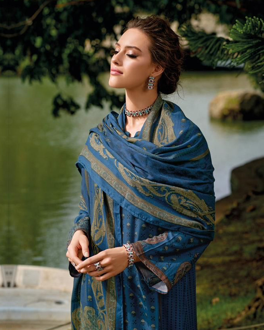 Breonne Blue Digital Print Viscose Pashmina Unstitched Dress Fabric