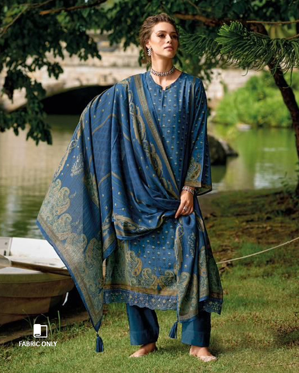 Breonne Blue Digital Print Viscose Pashmina Unstitched Dress Fabric