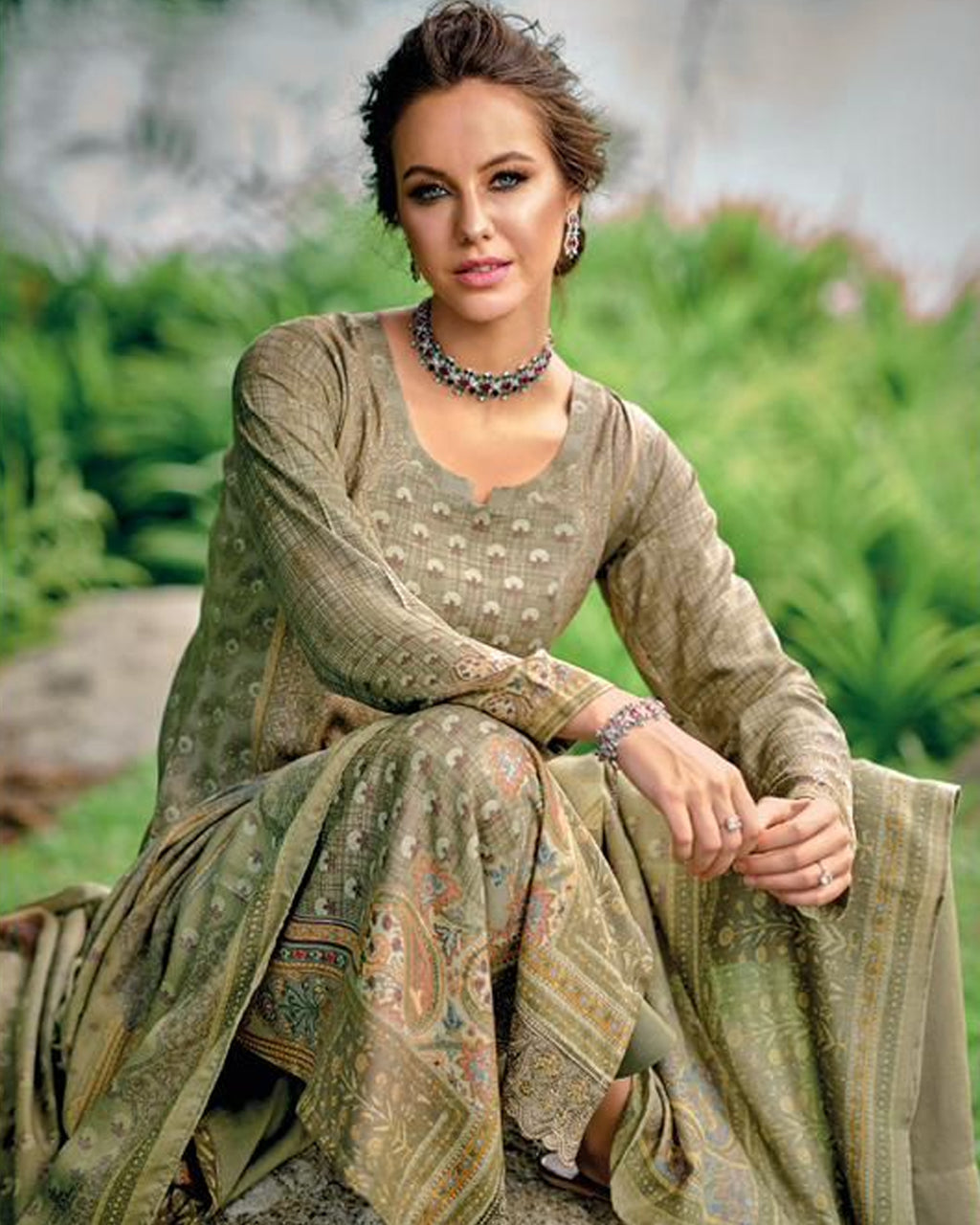 Dash Of Oregano Green Digital Print Viscose Pashmina Unstitched Dress Fabric