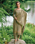 Dash Of Oregano Green Digital Print Viscose Pashmina Unstitched Dress Fabric