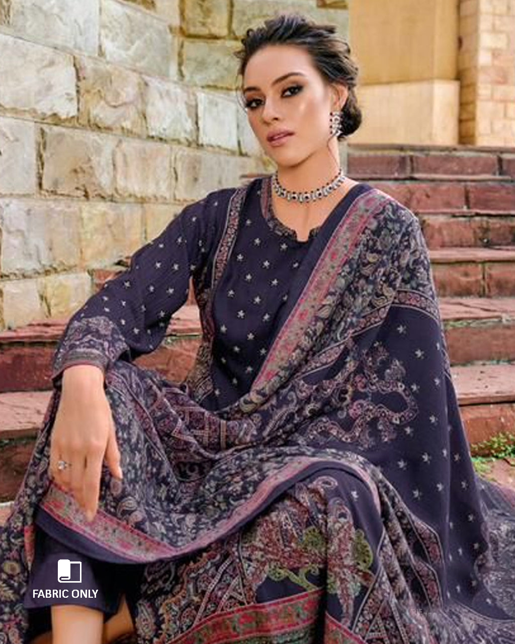 Carbon Blue Digital Print Viscose Pashmina Unstitched Dress Fabric