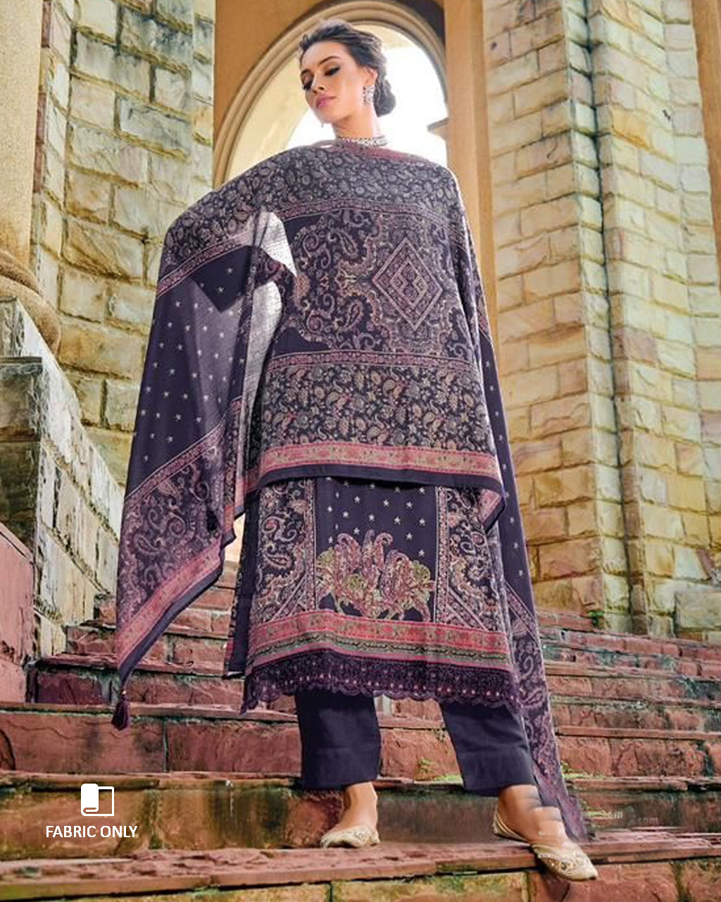 Carbon Blue Digital Print Viscose Pashmina Unstitched Dress Fabric