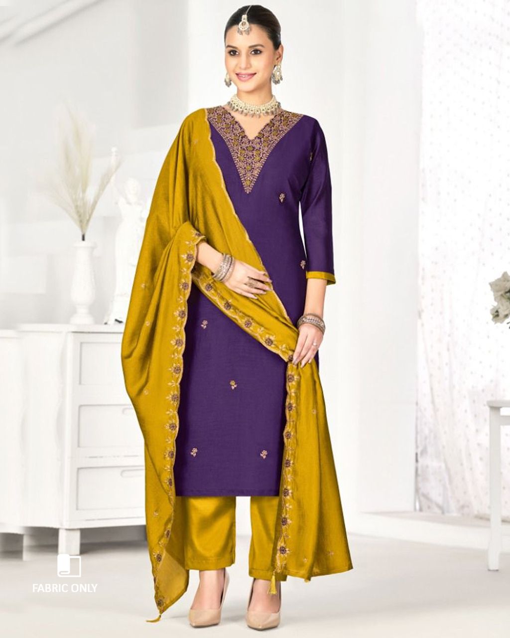 Purple Wineberry Premium Vichitra Silk Unstitched Dress Material
