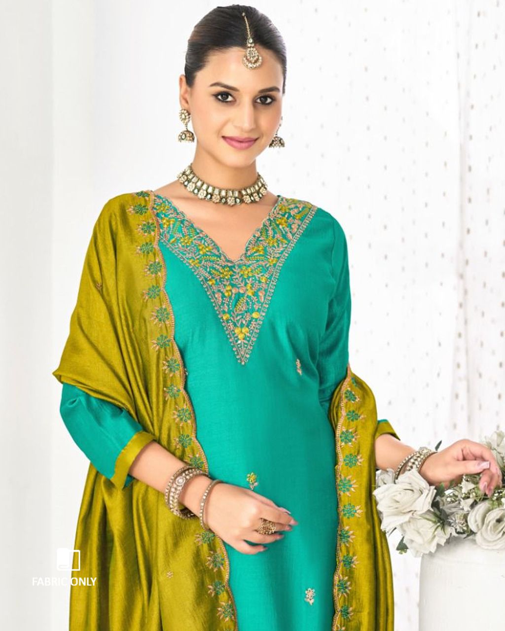 Mountain Meadow Green Premium Vichitra Silk Unstitched Dress Material