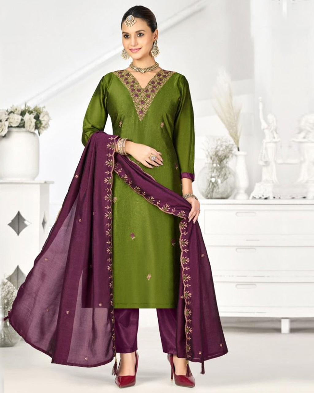 Wasabi Green Vichitra Silk Regal Simplicity Meets Royal Charm