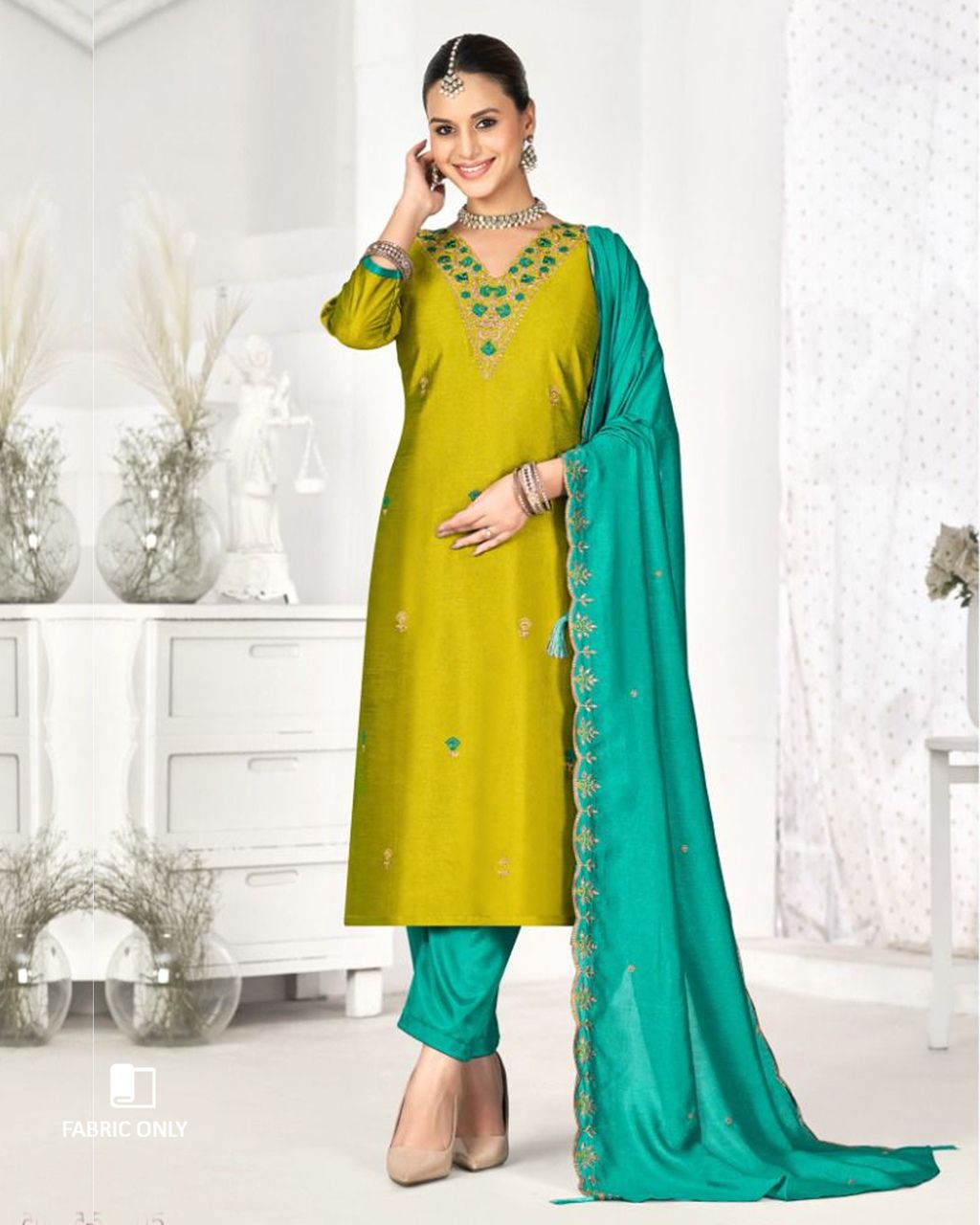 Poster Yellow Premium Vichitra Silk Unstitched Dress Material