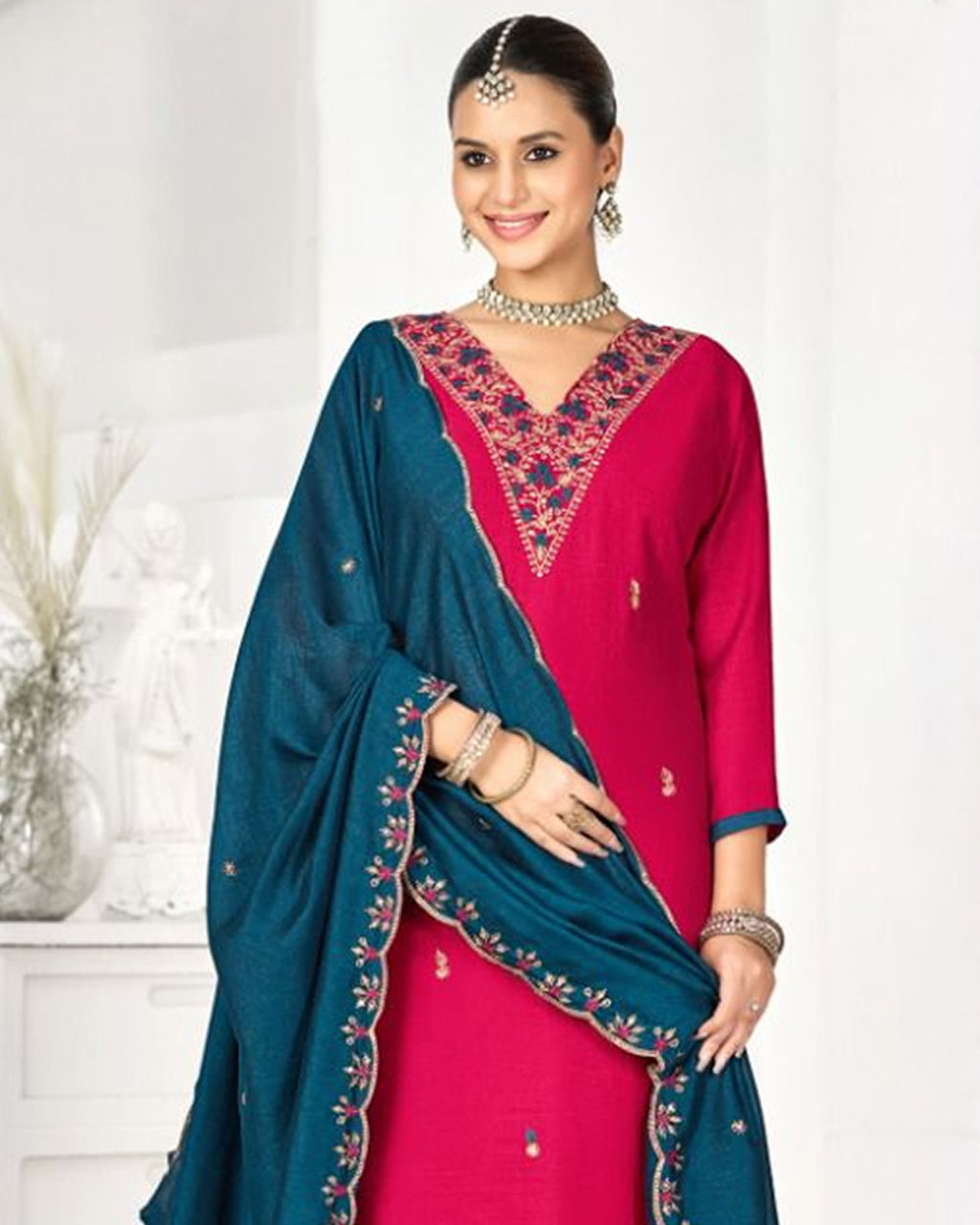 Strawberry Smash Pinkish Red Vichitra Silk Modern Classic Silhouettes