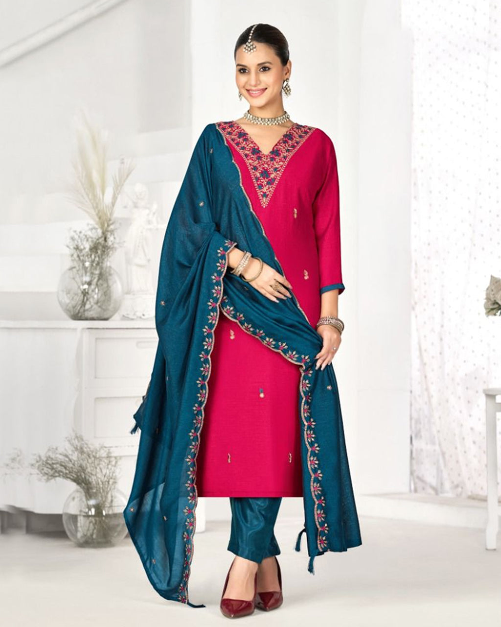 Strawberry Smash Pinkish Red Vichitra Silk Modern Classic Silhouettes