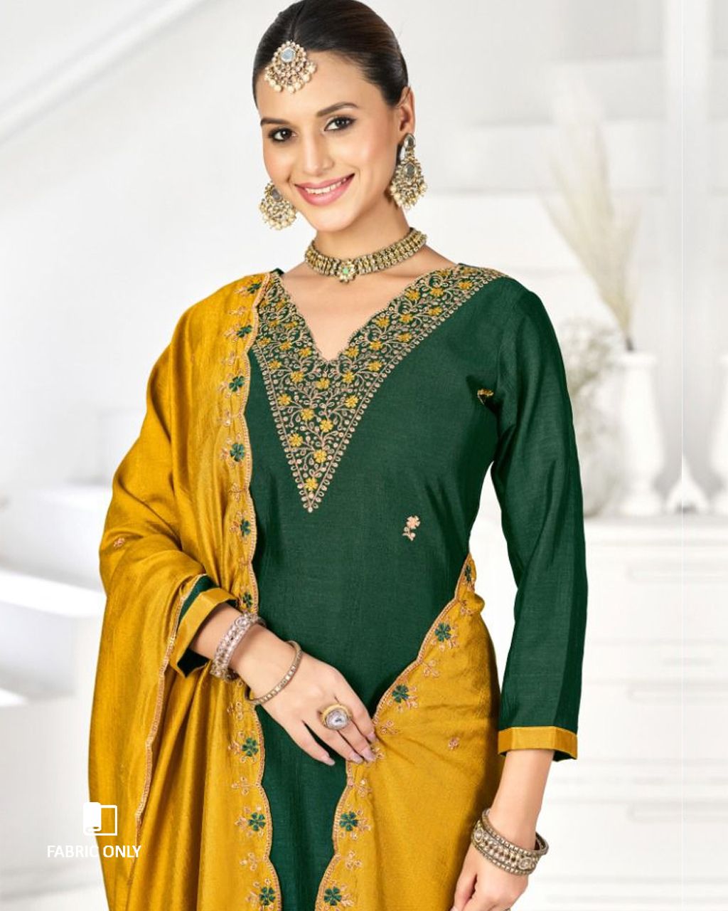 Sombre Green Premium Vichitra Silk Unstitched Dress Material