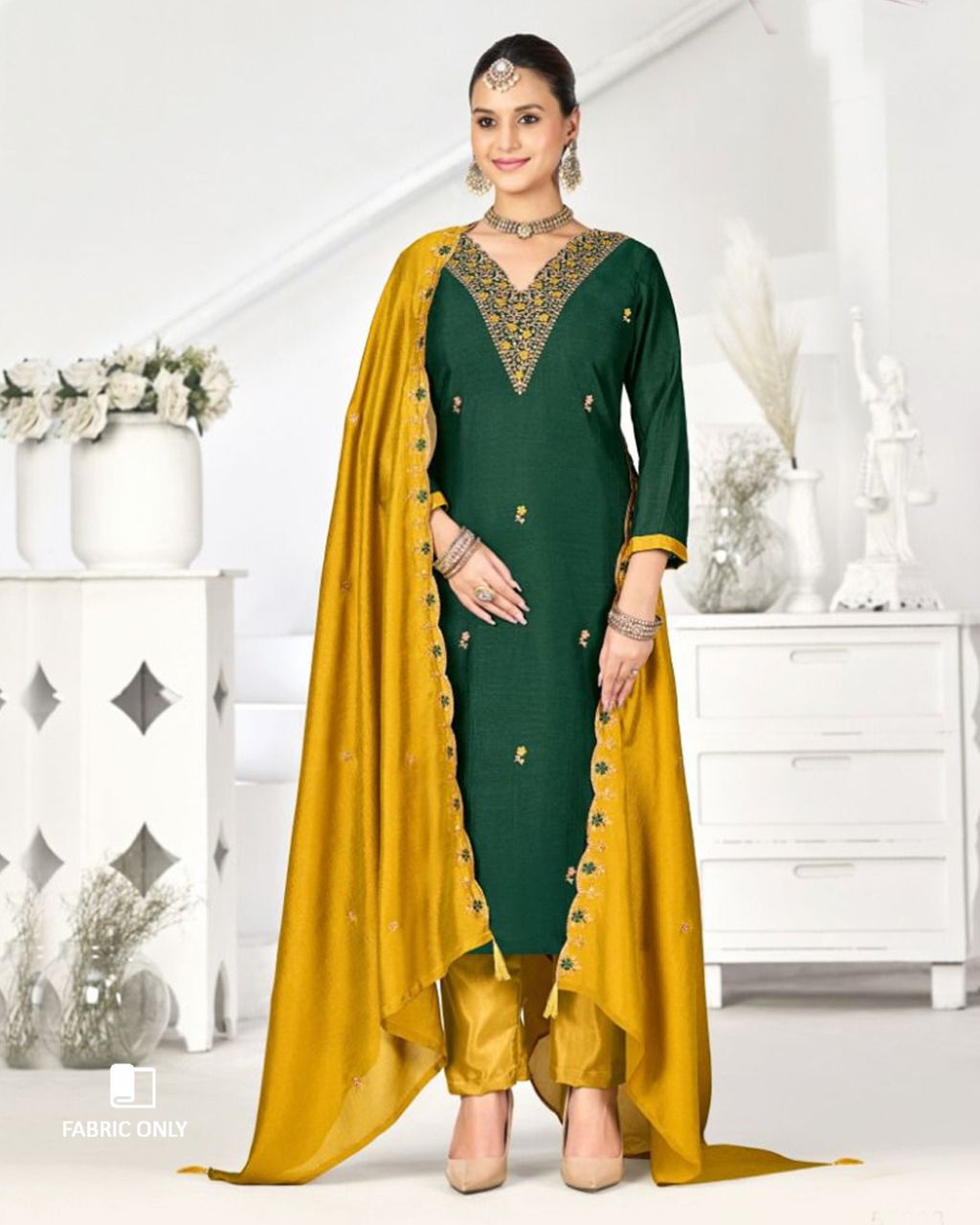 Sombre Green Premium Vichitra Silk Unstitched Dress Material