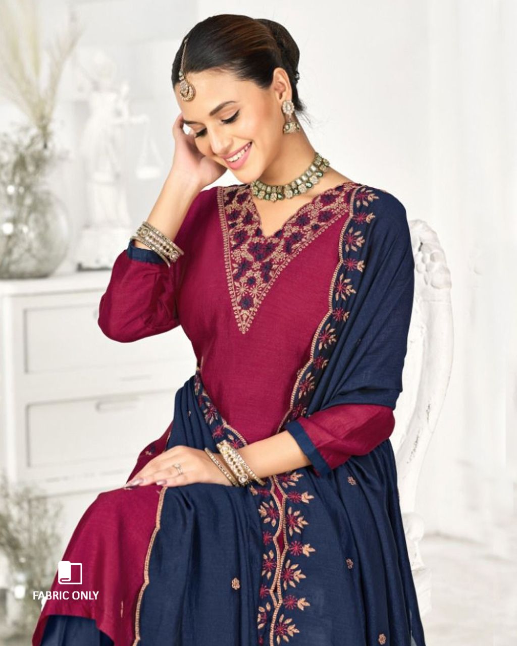 Vivid Burgundy Premium Vichitra Silk Unstitched Dress Material