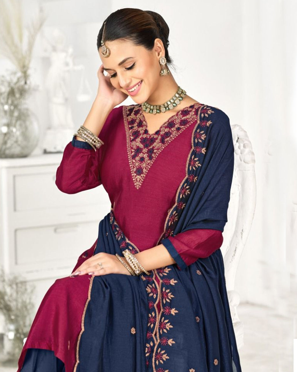 Vivid Burgundy Vichitra Silk Festive Graceful Drapes