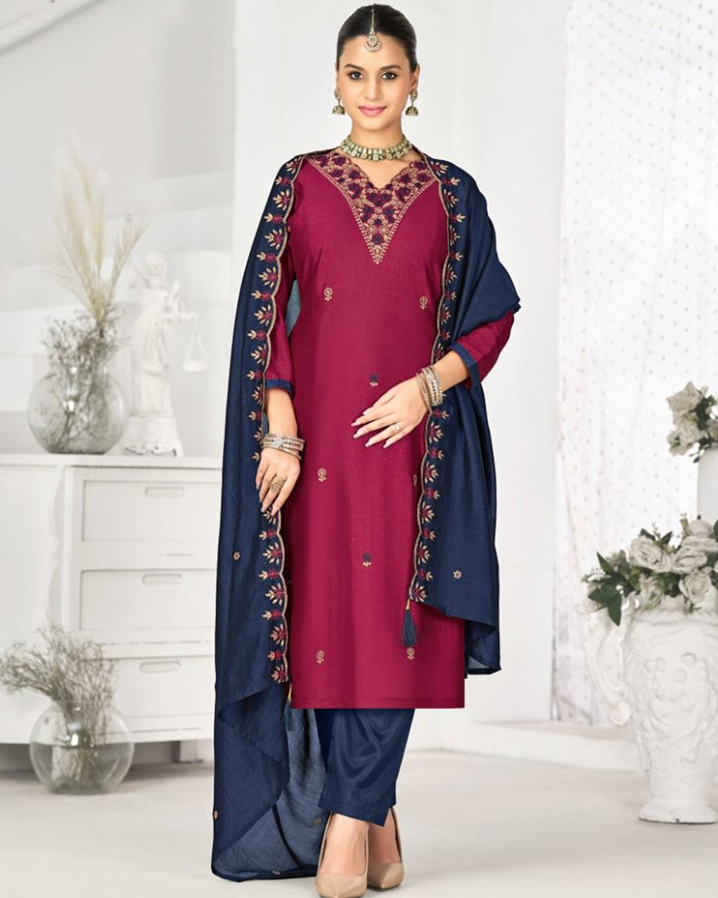 Vivid Burgundy Vichitra Silk Festive Graceful Drapes