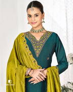 Deep Marine Green Blue Premium Vichitra Silk Unstitched Dress Material