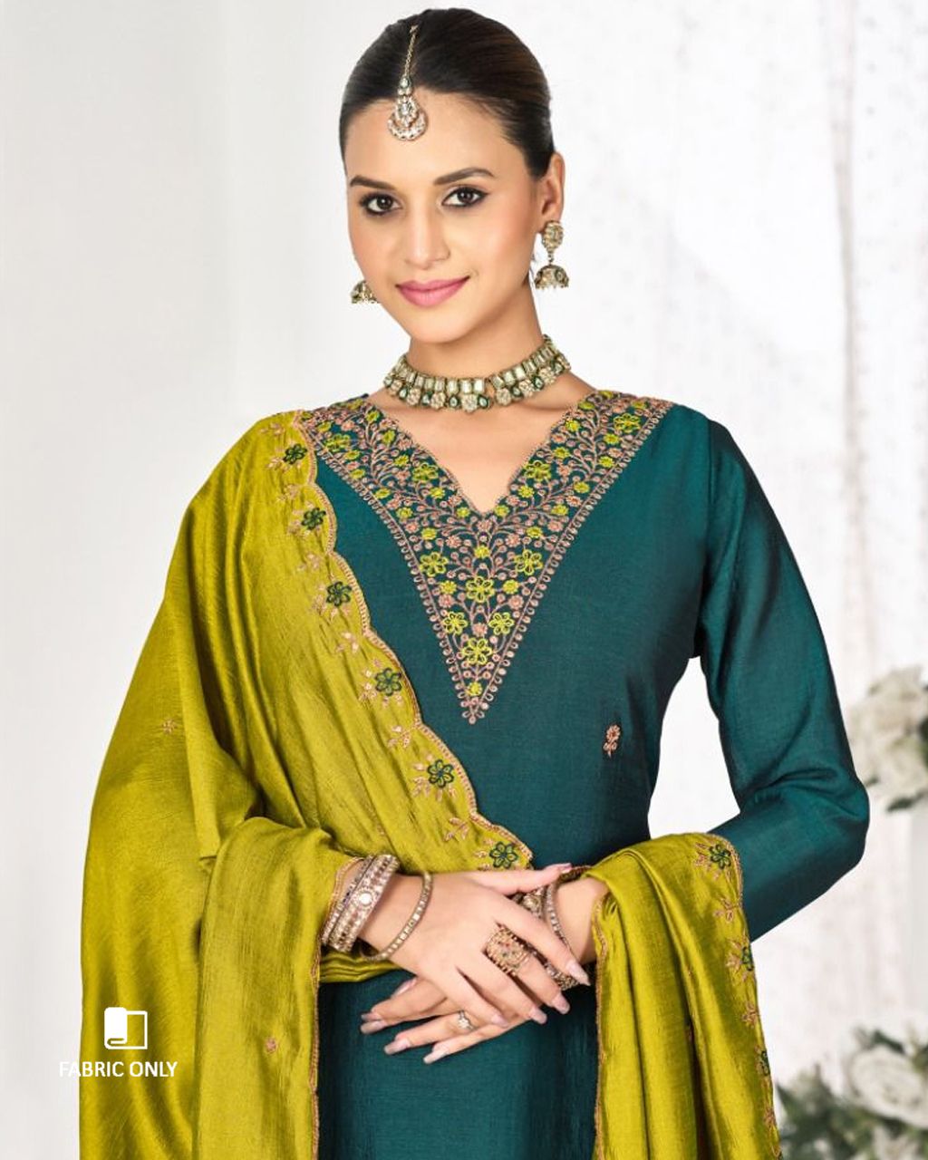 Deep Marine Green Blue Premium Vichitra Silk Unstitched Dress Material