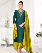 Deep Marine Green Blue Premium Vichitra Silk Unstitched Dress Material