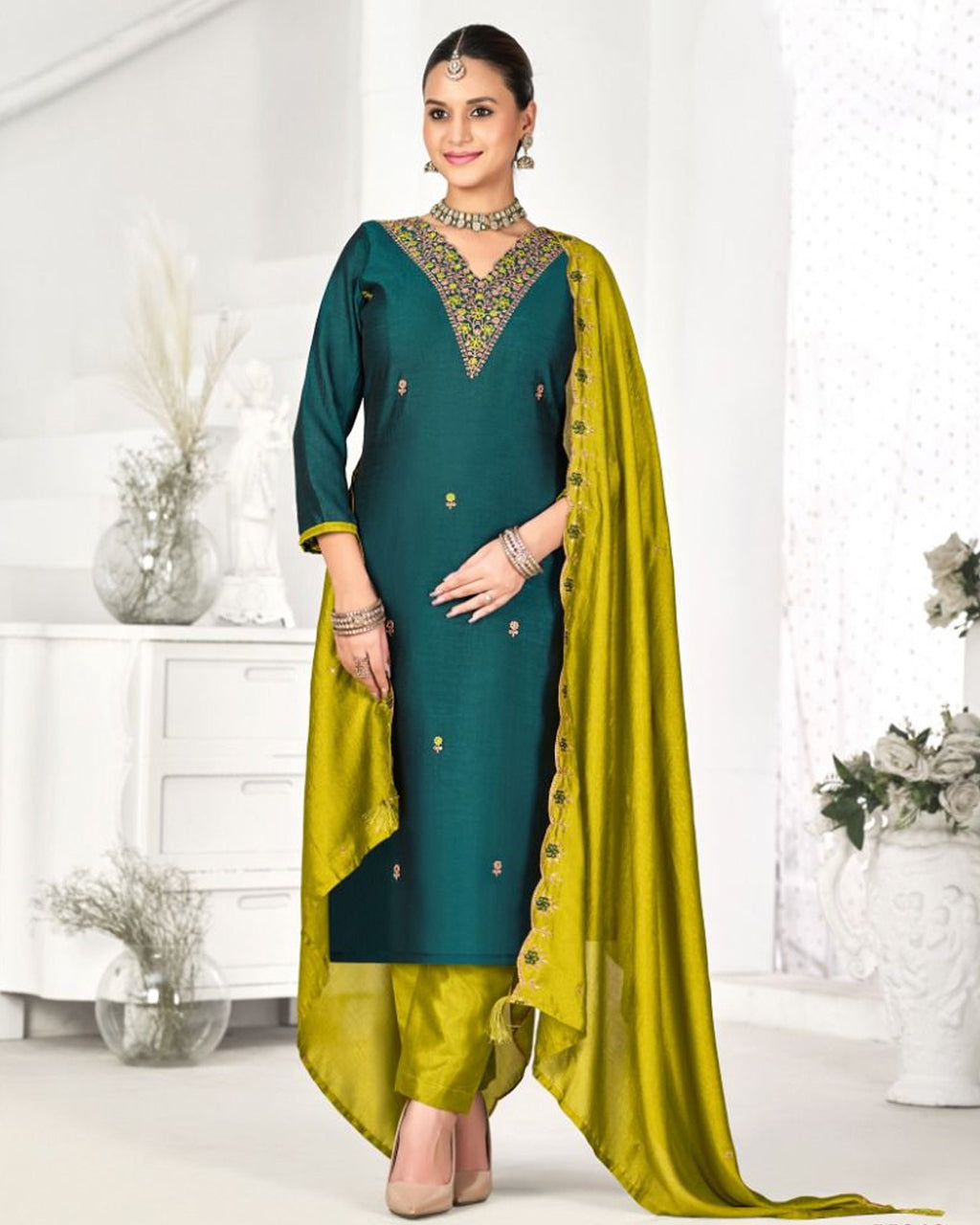 Deep Marine Green Blue Vichitra Silk Understated Glamour
