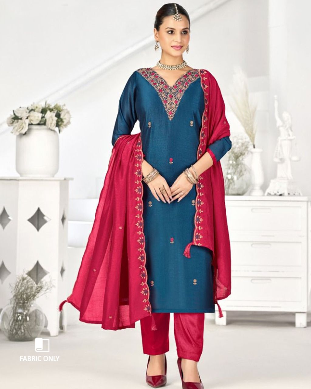 Chathams Blue Premium Vichitra Silk Unstitched Dress Material