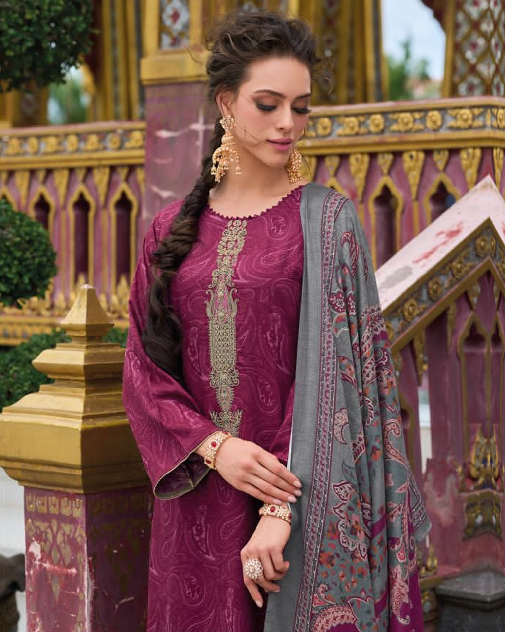 Berry Rossi Maroon Viscose Pashmina Digital Print Unstitched Design Dress Material