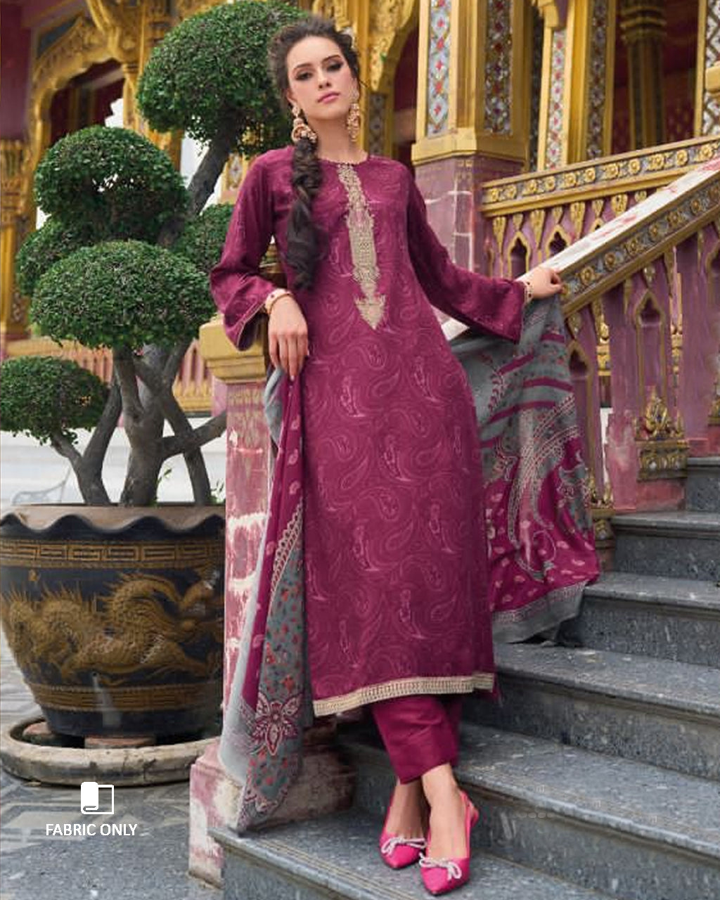 Berry Rossi Maroon Viscose Pashmina Digital Print Unstitched Design Dress Material