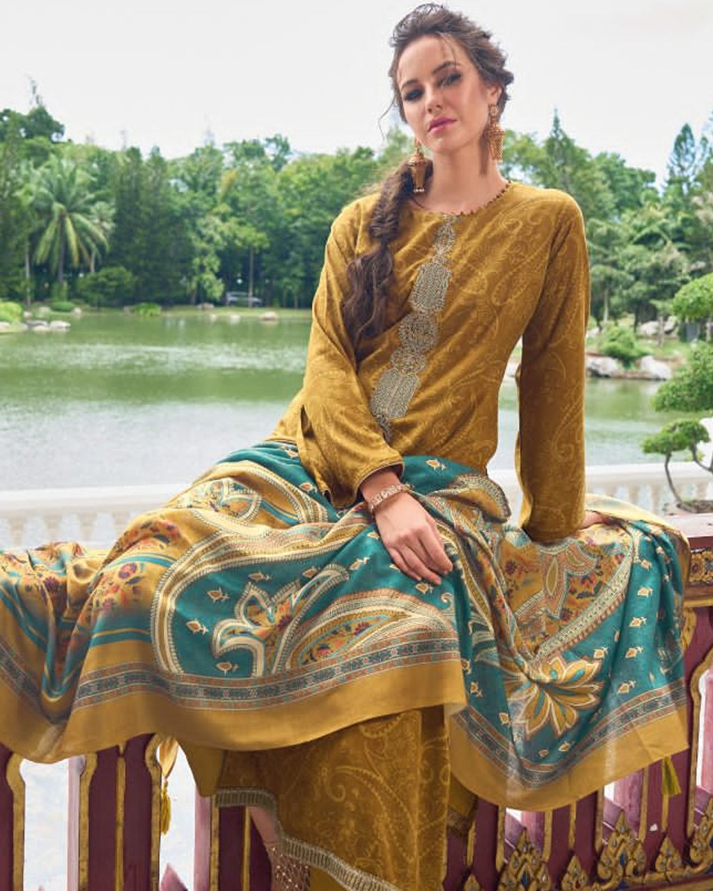 Traditional Yukon Gold Viscose Pashmina Digital Print Unstitched Dress Material