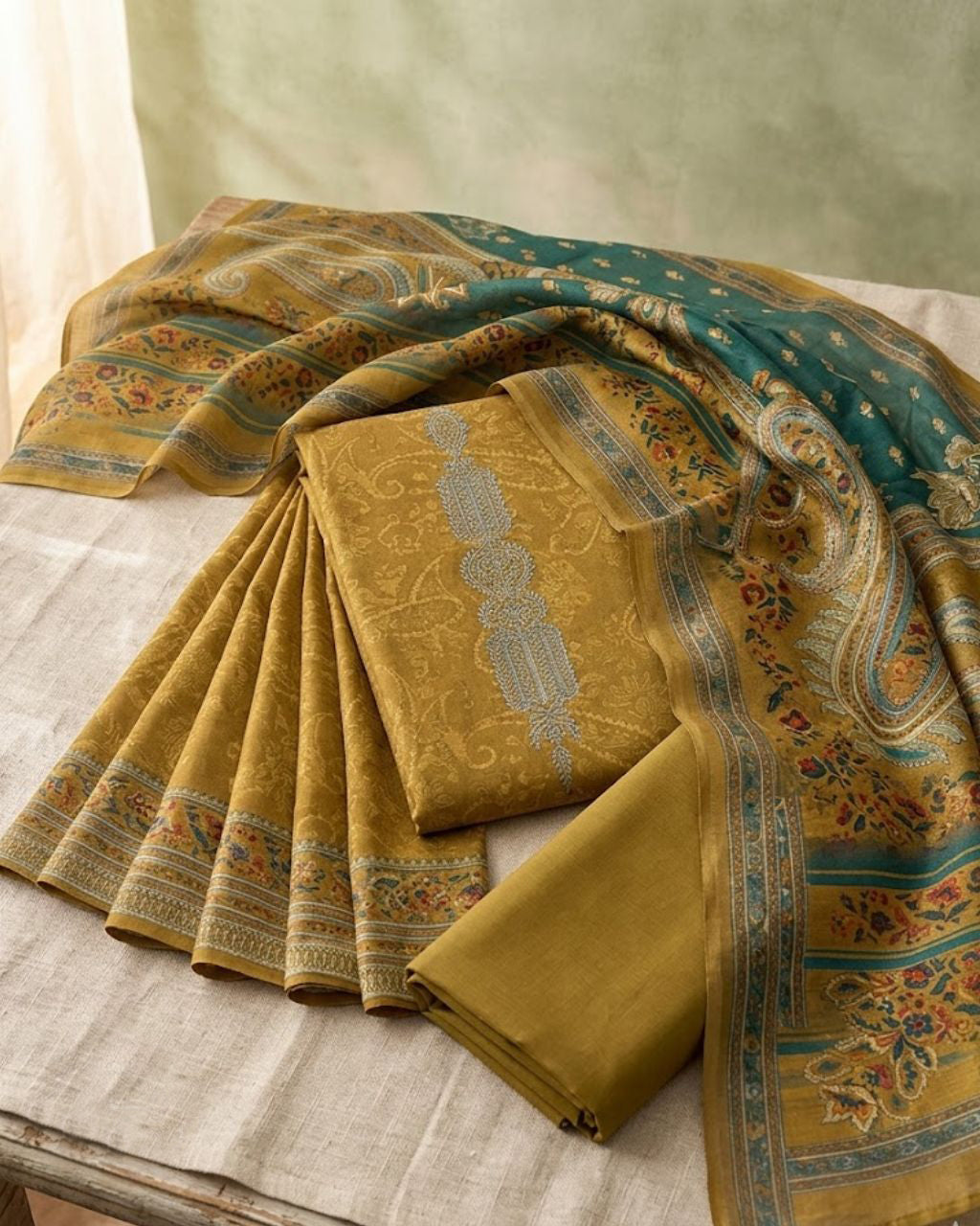 Traditional Yukon Gold Viscose Pashmina Heritage Printed Signature Set