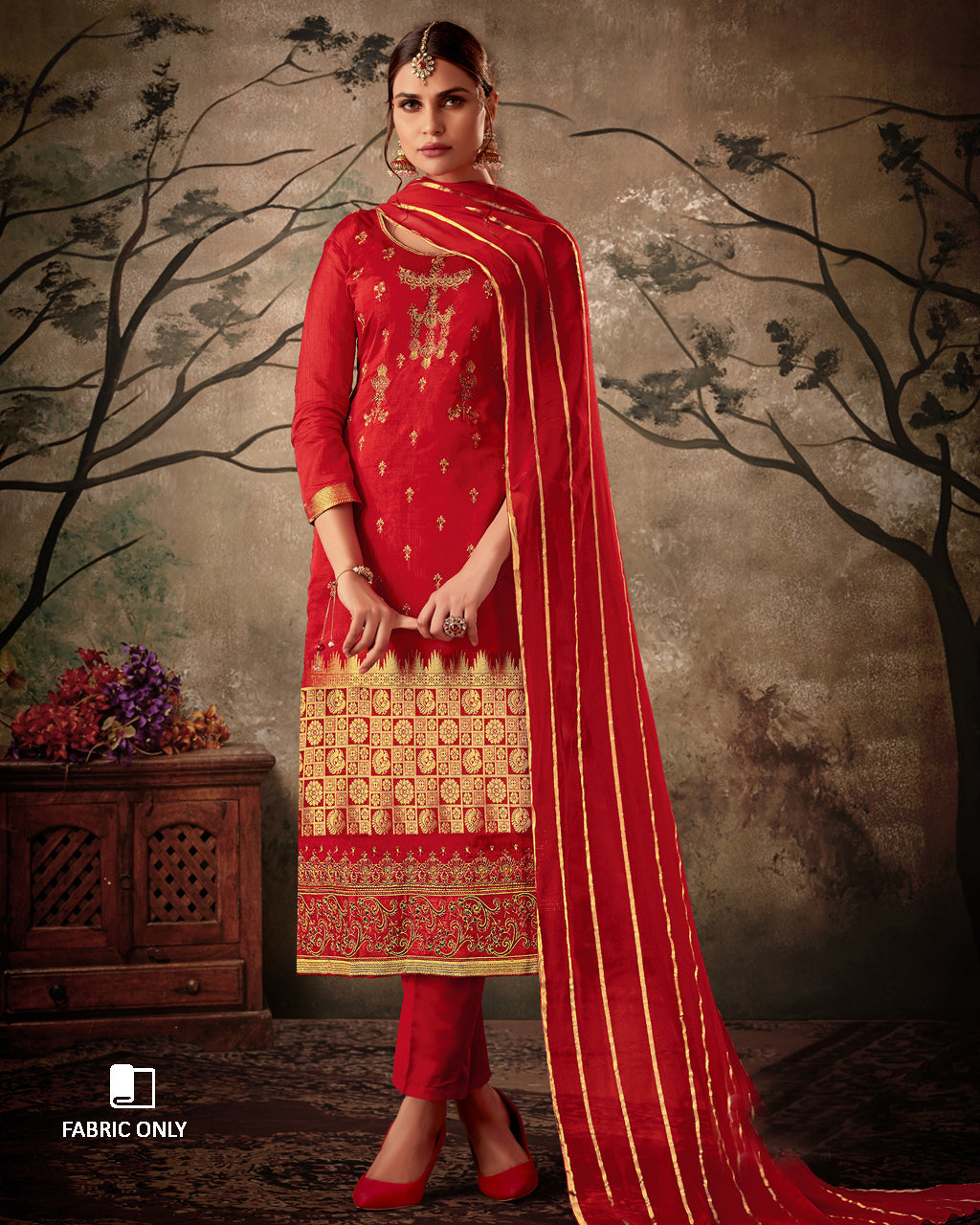 Venetian Red Silk Banarasi Party Wear Unstitched Dress Material