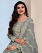 Friar Grey Thread Embroidered Dola Silk Artisanal Splendor