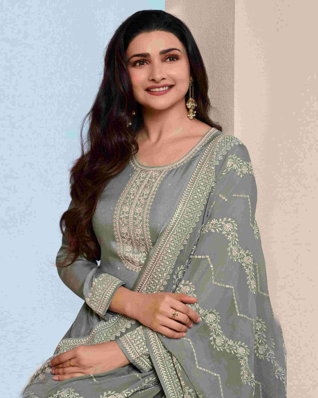 Friar Grey Thread Embroidered Dola Silk Artisanal Splendor