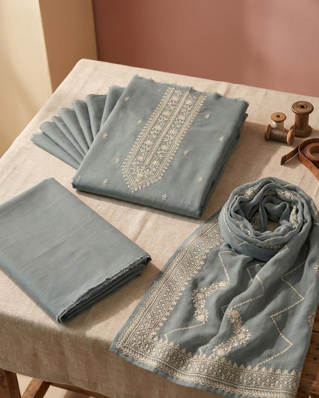 Friar Grey Thread Embroidered Dola Silk Artisanal Splendor