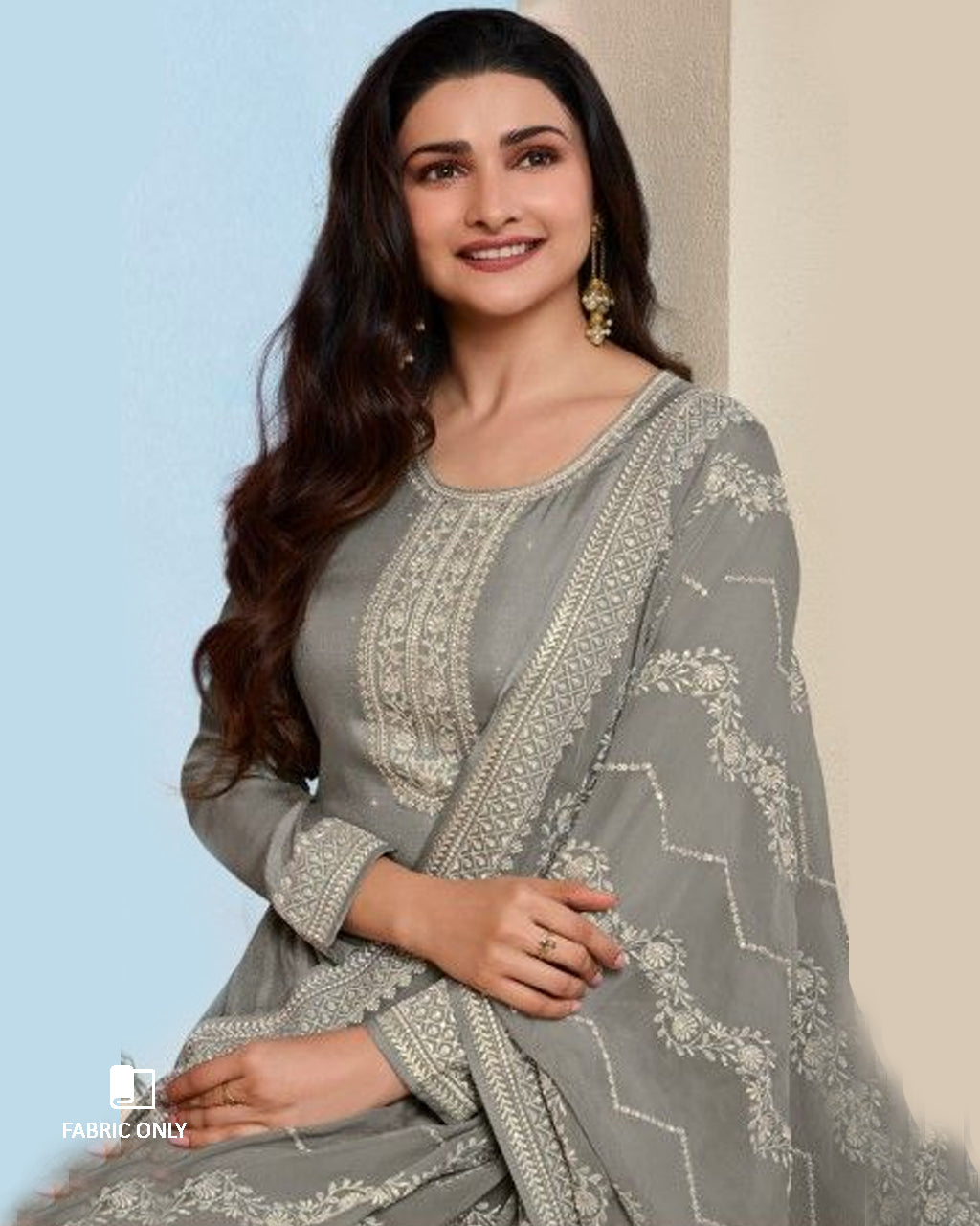 Friar Grey Thread Embroidered Dola Silk Unstitched Dress Material