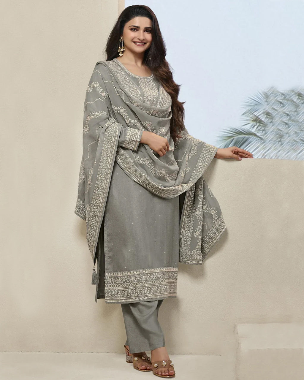 Friar Grey Thread Embroidered Dola Silk Artisanal Splendor