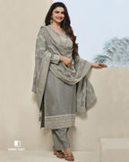 Friar Grey Thread Embroidered Dola Silk Unstitched Dress Material