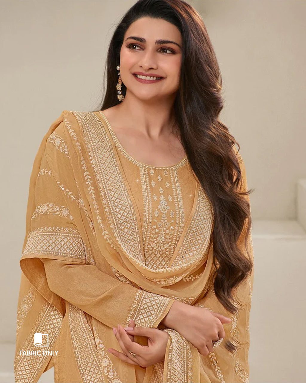 Tiger Orange Thread Embroidered Dola Silk Unstitched Dress Material