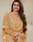 Tiger Orange Thread Embroidered Dola Silk Unstitched Dress Material