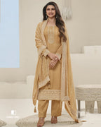 Tiger Orange Thread Embroidered Dola Silk Unstitched Dress Material