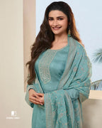 Desaturated Cyan Thread Embroidered Dola Silk Unstitched Dress Material