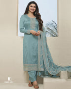 Desaturated Cyan Thread Embroidered Dola Silk Unstitched Dress Material