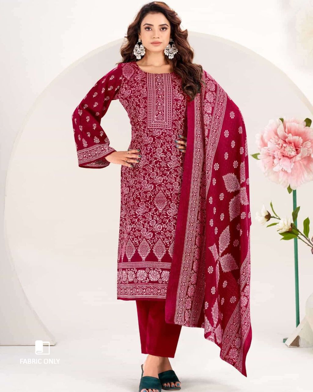 French Winery Red Woollen Spun Pashmina Unstitched Dress Material