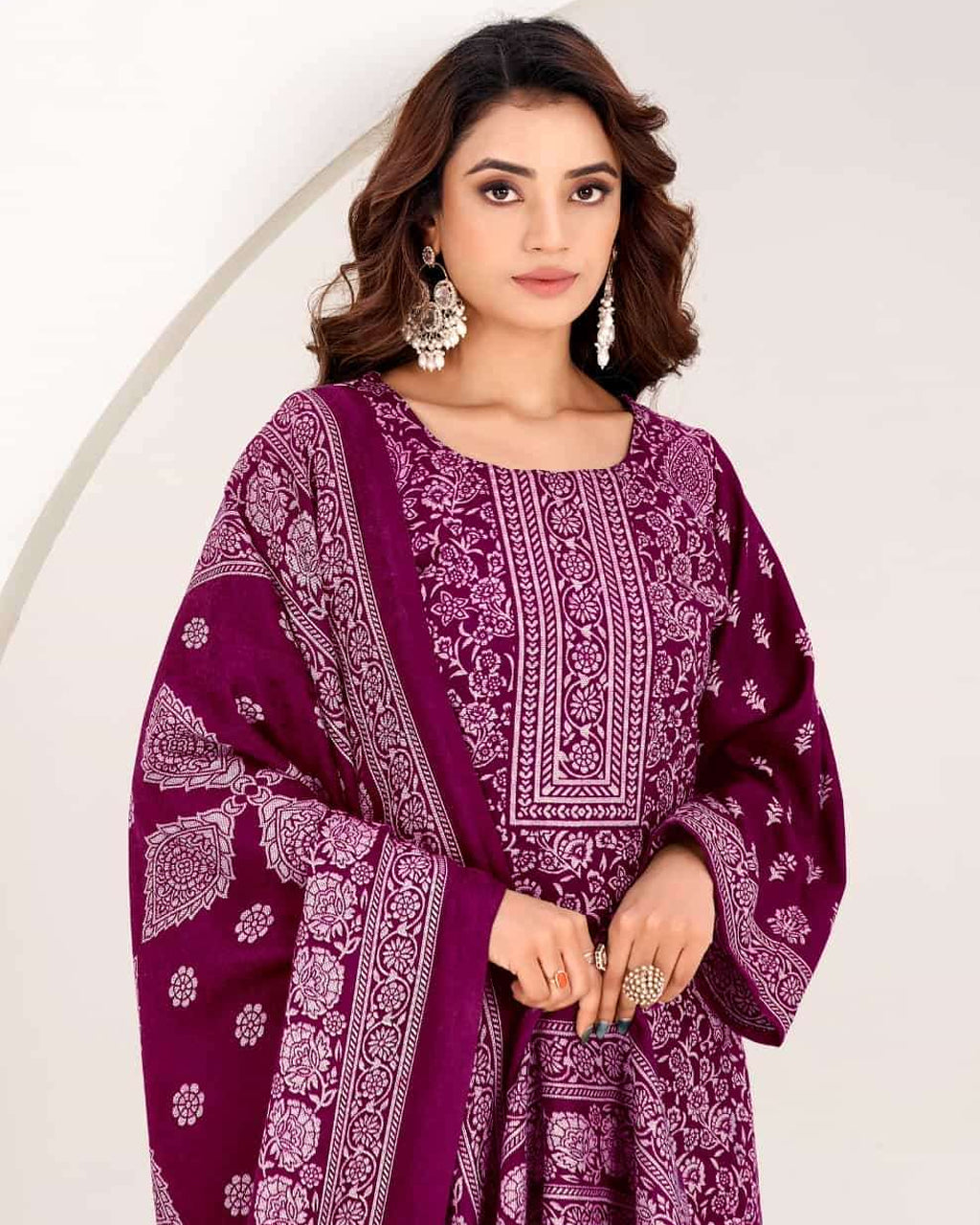 Rose Bud Cherry Purple Woollen Pashmina Grace Collection