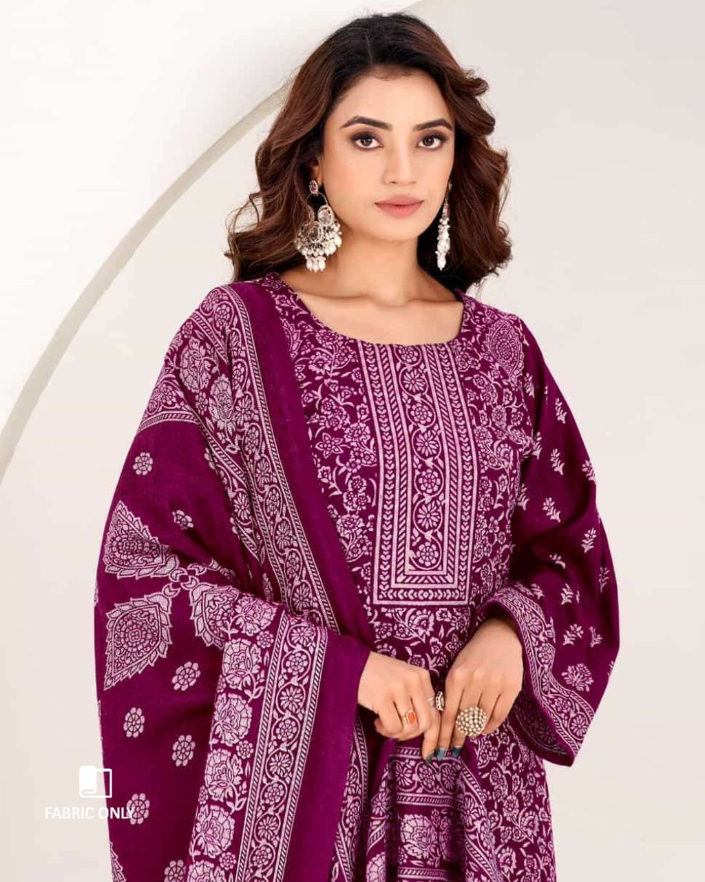 Rose Bud Cherry Purple Woollen Spun Pashmina Unstitched Dress Material