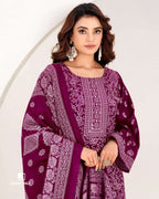 Rose Bud Cherry Purple Woollen Spun Pashmina Unstitched Dress Material