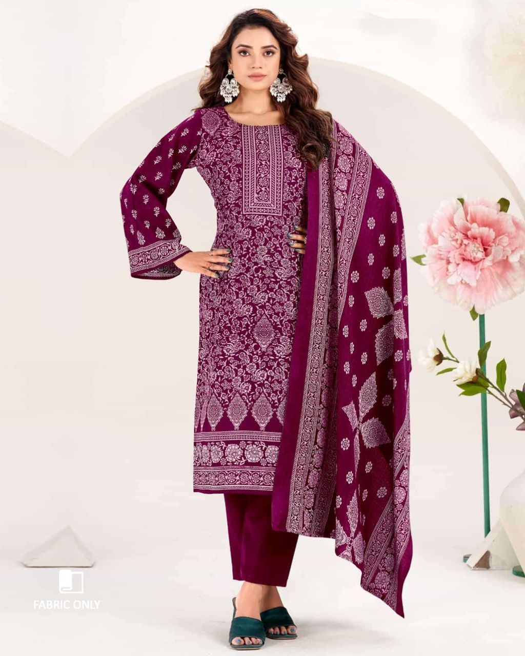 Rose Bud Cherry Purple Woollen Spun Pashmina Unstitched Dress Material